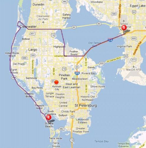 Karte der Route – Von Tampa nach St. Pete Beach